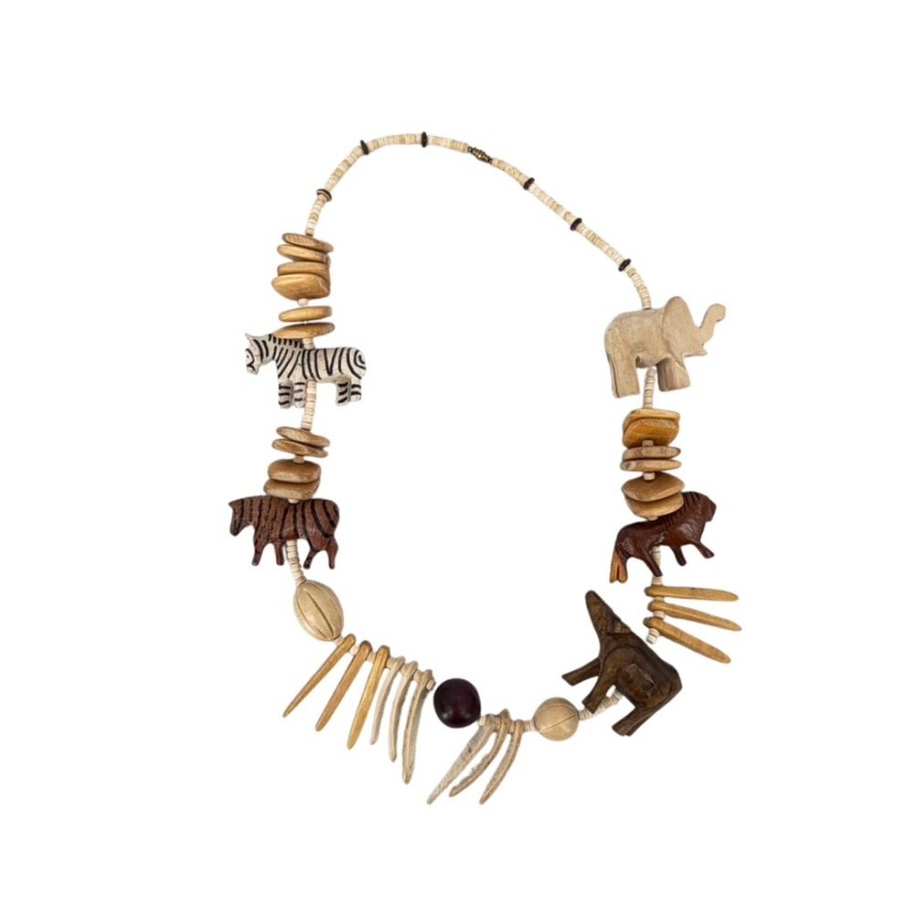 Wood Animal Shaped Charm Necklace Safari Jungle Zoo Beaded Statement Jewelry‎